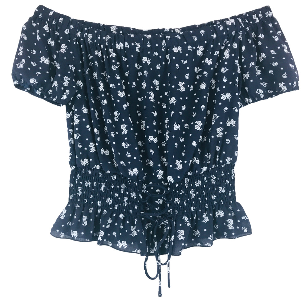 Ultra Flirt Women's M Off Shoulder Blouse Navy White Poly Floral Short Sleeve